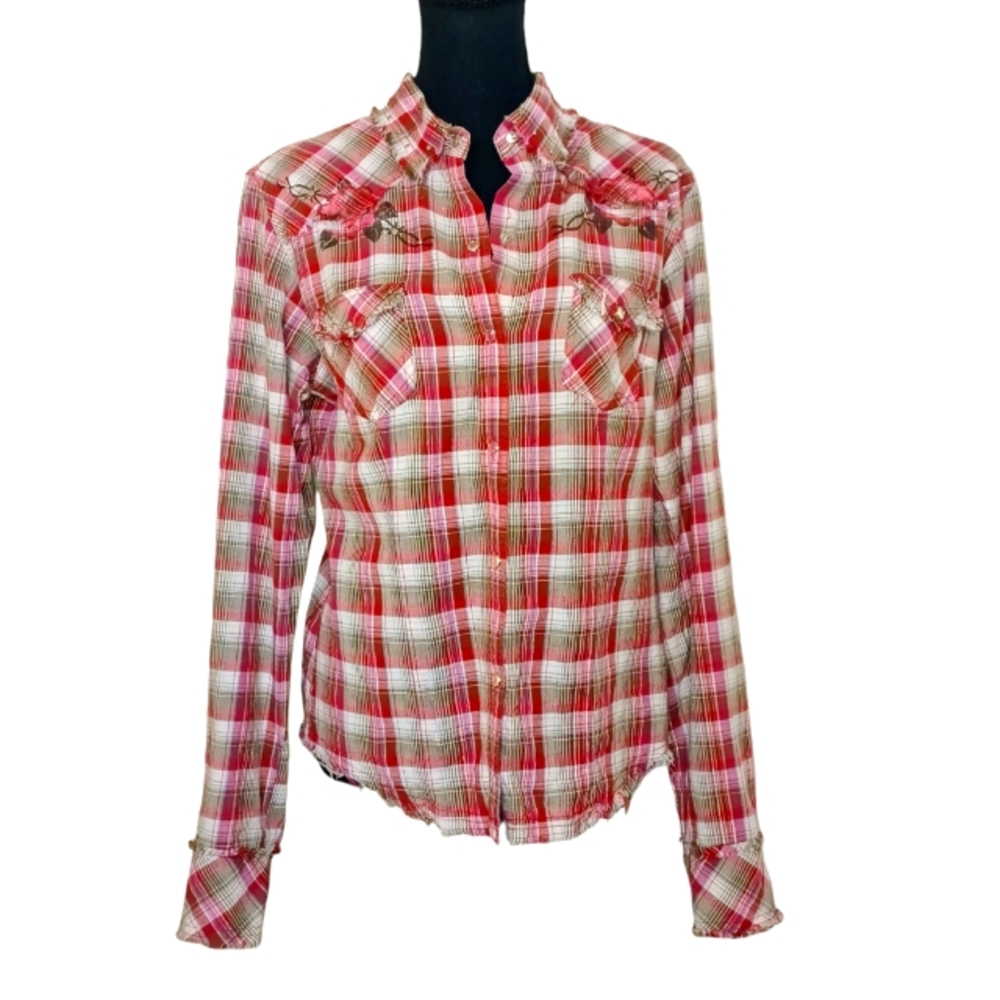 Panhandle Slim Snap Front Studded Rockabilly Western Plaid Blouse Women's Lg